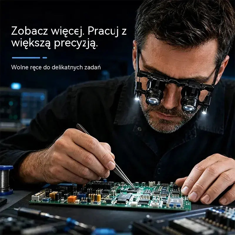 🔍 Lupa czołowa LED 24X – przenośne okulary powiększające do naprawy zegarków, lutowania podzespołów elektronicznych i mobilnych 💡