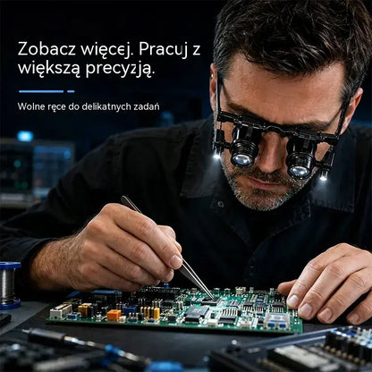 🔍 Lupa czołowa LED 24X – przenośne okulary powiększające do naprawy zegarków, lutowania podzespołów elektronicznych i mobilnych 💡