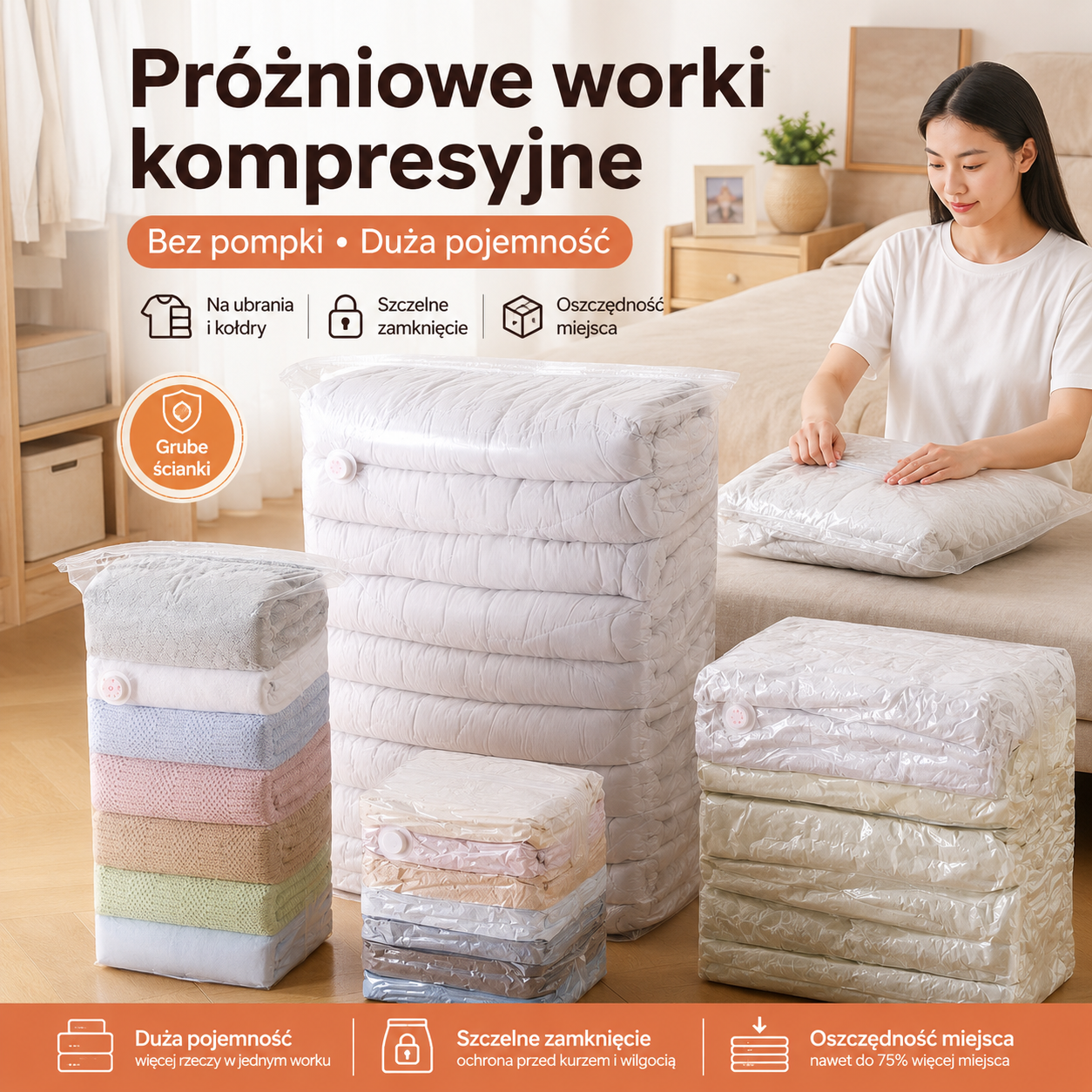 🧳【5 sztuka (70*50*30 cm) 109zł】💨 Duże kompresowalne worki próżniowe do przechowywania: nie wymagają pompy, są szczelne, idealne do użytku w domu i w walizce, pozwalają zaoszczędzić dużo miejsca ✈️