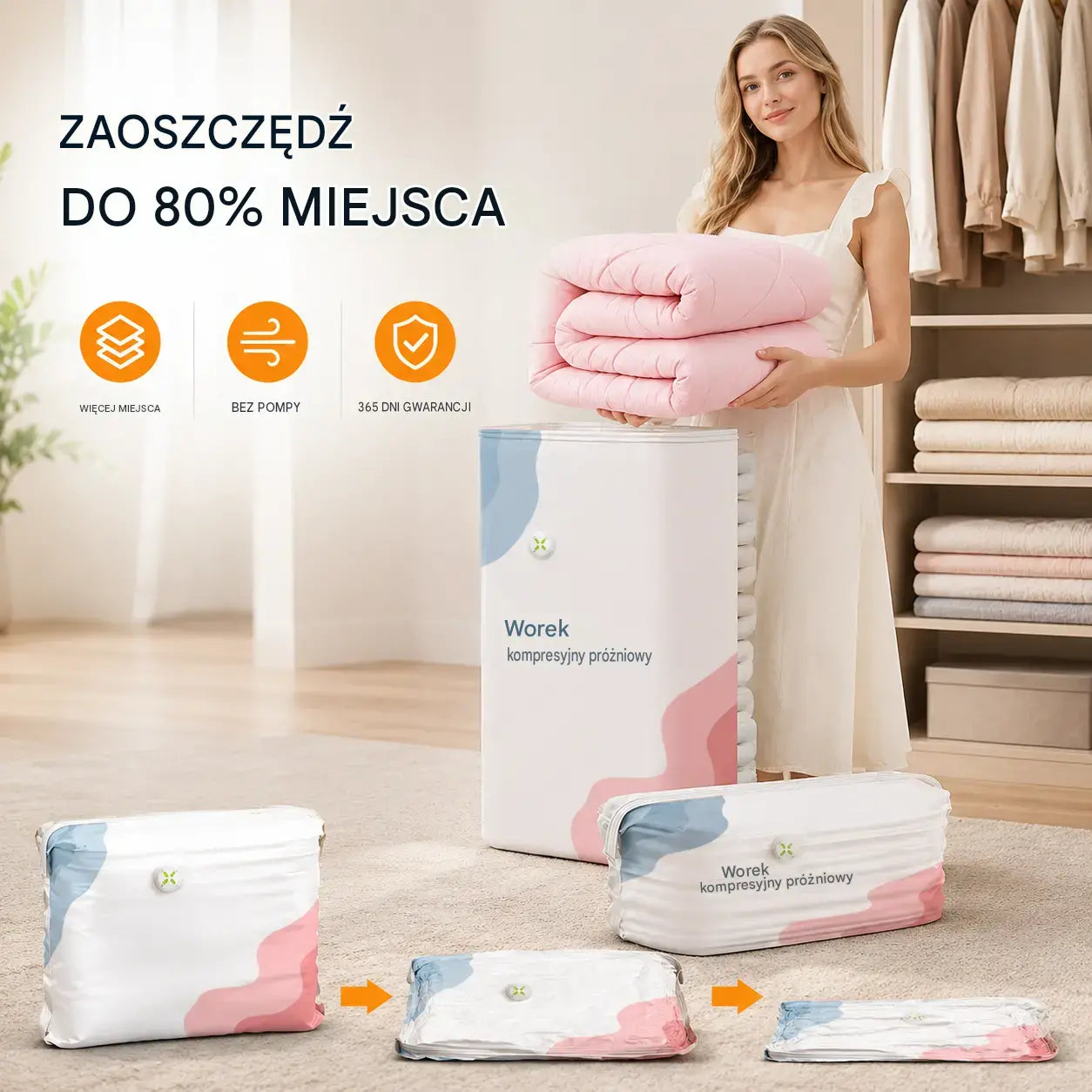 🧳 5 artykułów za jedyne 109 zł💨 Duże, kompresowalne worki próżniowe: Nie wymagają pompki, są szczelne, idealne do oszczędzania miejsca w walizce i domu ✈️