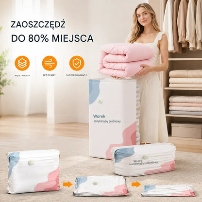 🧳 5 artykułów za jedyne 109 zł💨 Duże, kompresowalne worki próżniowe: Nie wymagają pompki, są szczelne, idealne do oszczędzania miejsca w walizce i domu ✈️