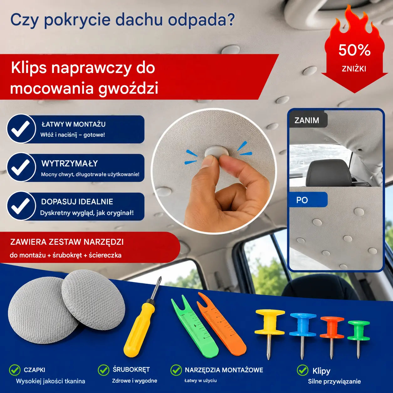 1 zestaw 30 sztuk - 89zł🔥Pokrycie dachu samochodu odpada. Zamocuj podstawę gwoździami. Modyfikacja i renowacja wnętrza samochodu bez demontażu.