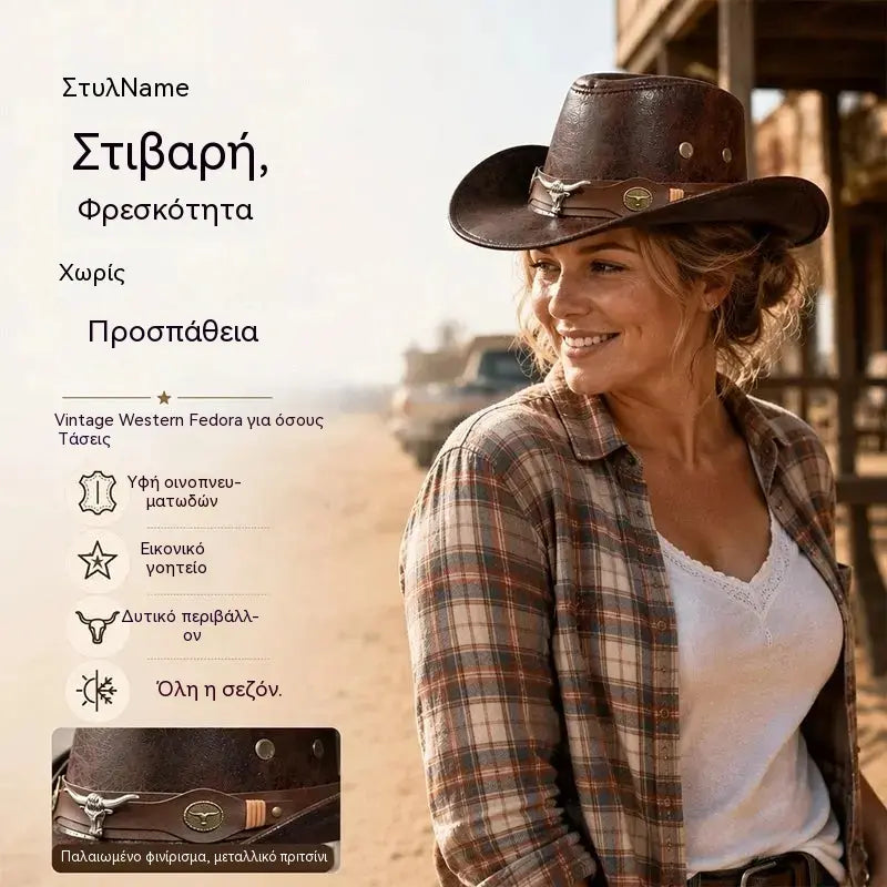 🤠Απολαύστε τώρα έκπτωση 50%! 🌟Ρετρό καπέλο καουμπόη με φαρδύ γείσο και λουράκι κουκούλας - Φεντόρα σε στιλ Western με φθαρμένη όψη