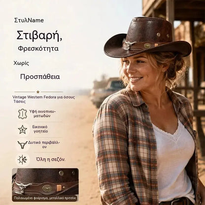 🤠Απολαύστε τώρα έκπτωση 50%! 🌟Ρετρό καπέλο καουμπόη με φαρδύ γείσο και λουράκι κουκούλας - Φεντόρα σε στιλ Western με φθαρμένη όψη