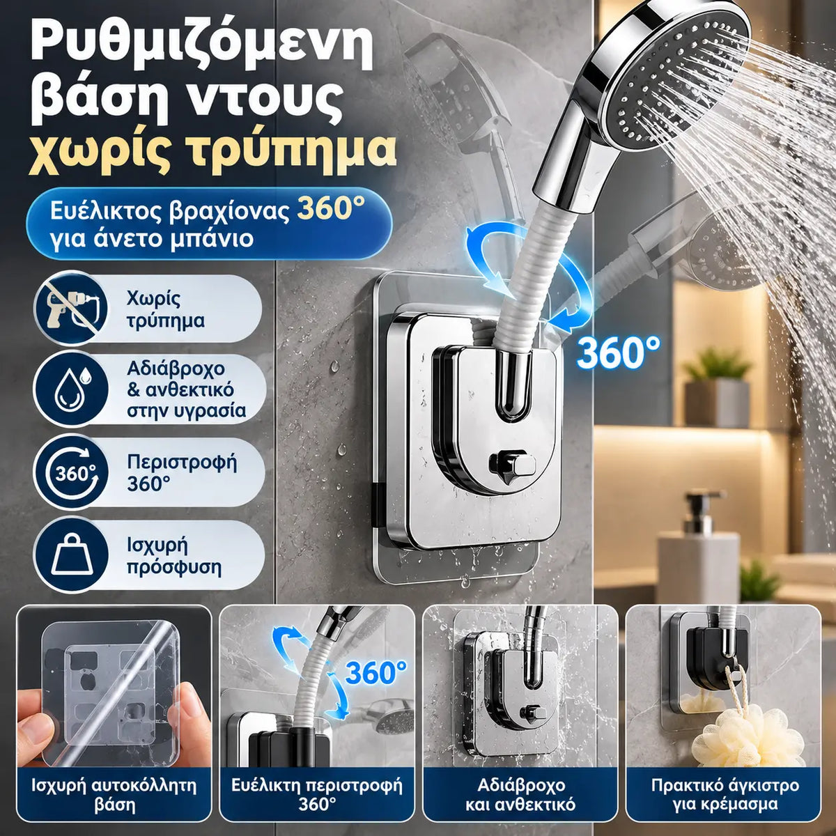 1 τεμάχιο 26 ευρώ🎁 Ειδική Προσφορά 💥 Ρυθμιζόμενη Βάση Γενικής Χρήσης – Χωρίς Τρύπημα, Επιτοίχια Βάση για Τηλέφωνο Ντους