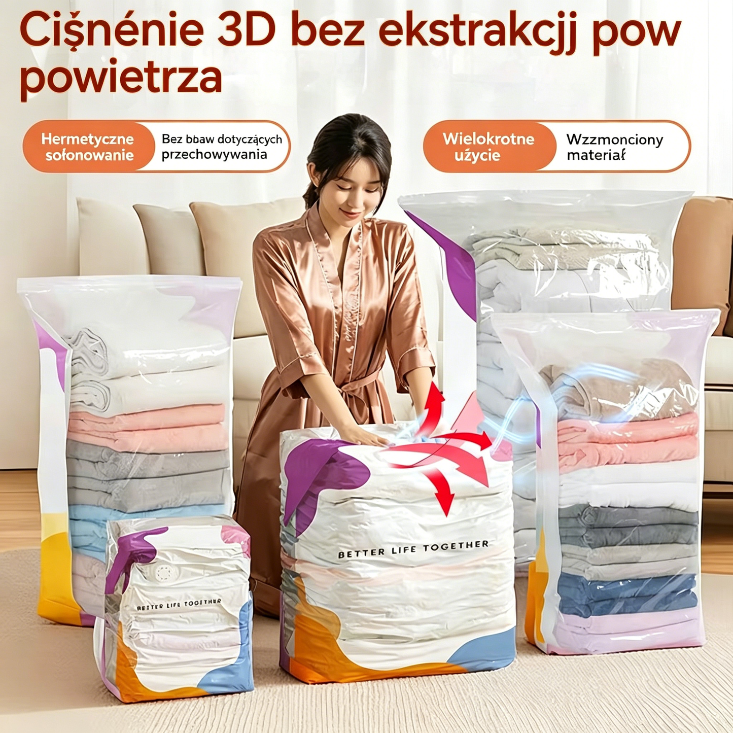 🧳【5 sztuka (70*50*30 cm) 109zł】💨 Duże kompresowalne worki próżniowe do przechowywania: nie wymagają pompy, są szczelne, idealne do użytku w domu i w walizce, pozwalają zaoszczędzić dużo miejsca ✈️