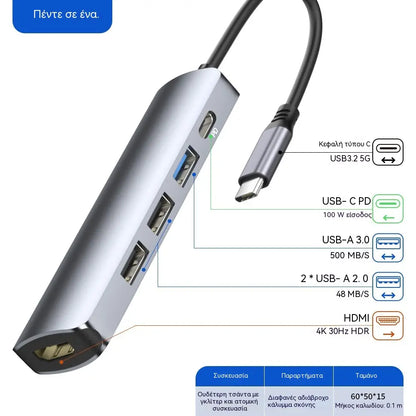 🔌✨ Φορητός διανομέας USB-C 5 σε 1 με έξοδο HDMI 4K 🎥💻