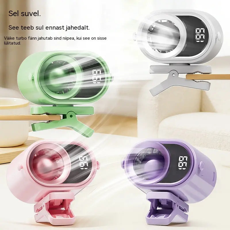 🌀 Käed-vabad ventilaator LED-ekraaniga, sisseehitatud klambriga ja 199 reguleeritava tasemega