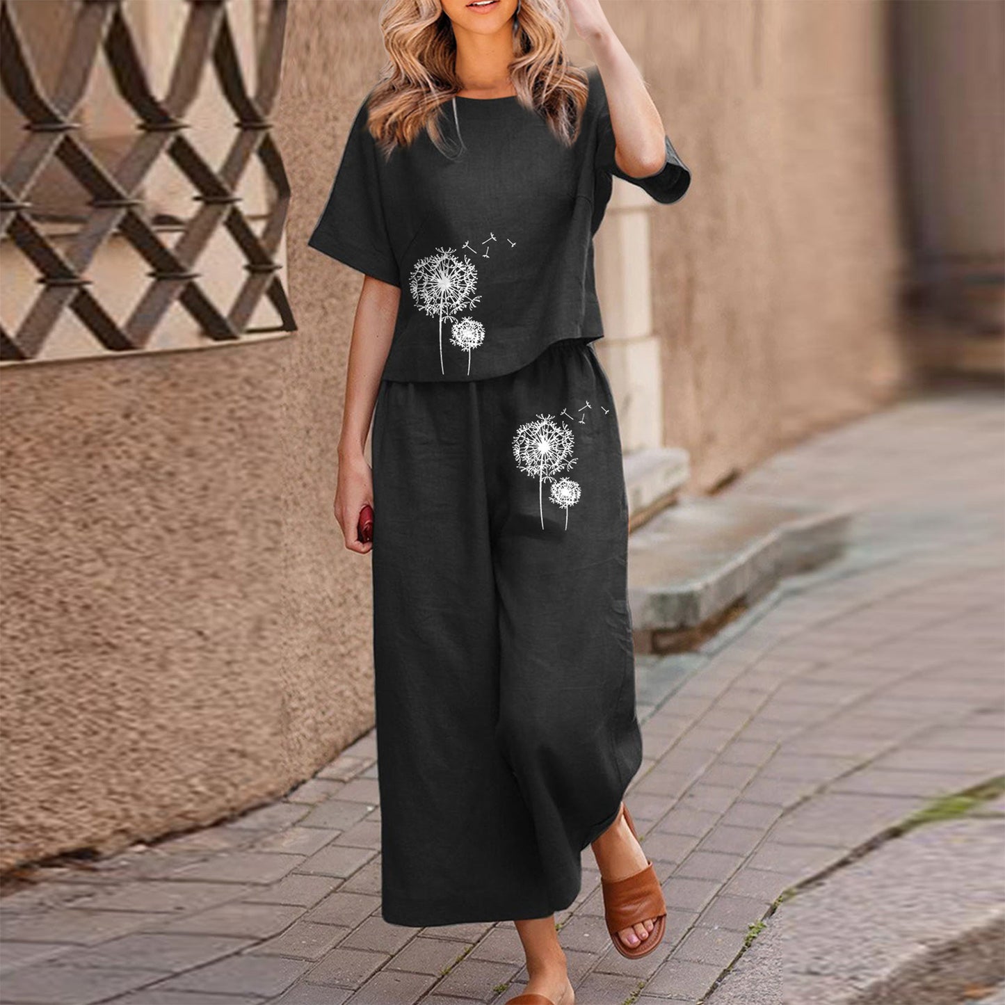 【Μπλούζα + Παντελόνι】1 σετ 31 ευρώ👖👚 μόδα casual casual εμπριμέ κοντομάνικο πουκάμισο + παντελόνι σετ δύο τεμαχίων