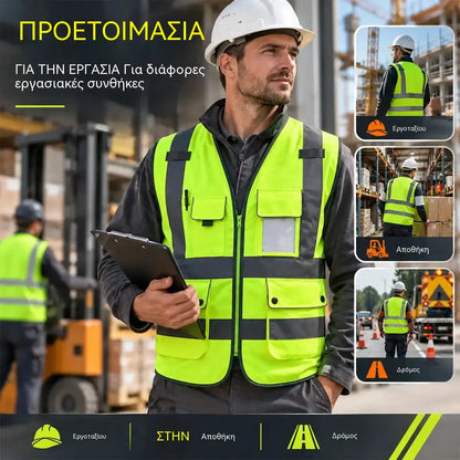 🦺 Ανακλαστικό Γιλέκο Ασφαλείας με Πολλαπλές Τσέπες – Μέγιστη Ορατότητα 360° και Πρακτικότητα για Κάθε Εργασιακό Περιβάλλον!
