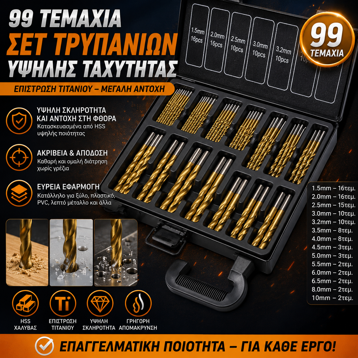 🔥✨【1 σετ 99 τεμαχίων】 30 ευρώ】Σετ τρυπανιών με επίστρωση τιτανίου