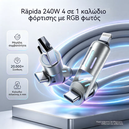 🔥 【2 τεμάχιο 27 ευρώ 】 🔥 (μήκος 2 μέτρα) Καλώδιο PD 240W 4 σε 1 – USB-C, Lightning και USB-A Γρήγορη φόρτιση, Αλουμίνιο και Σιλικόνη, Συγχρονισμός δεδομένων ⚡📱