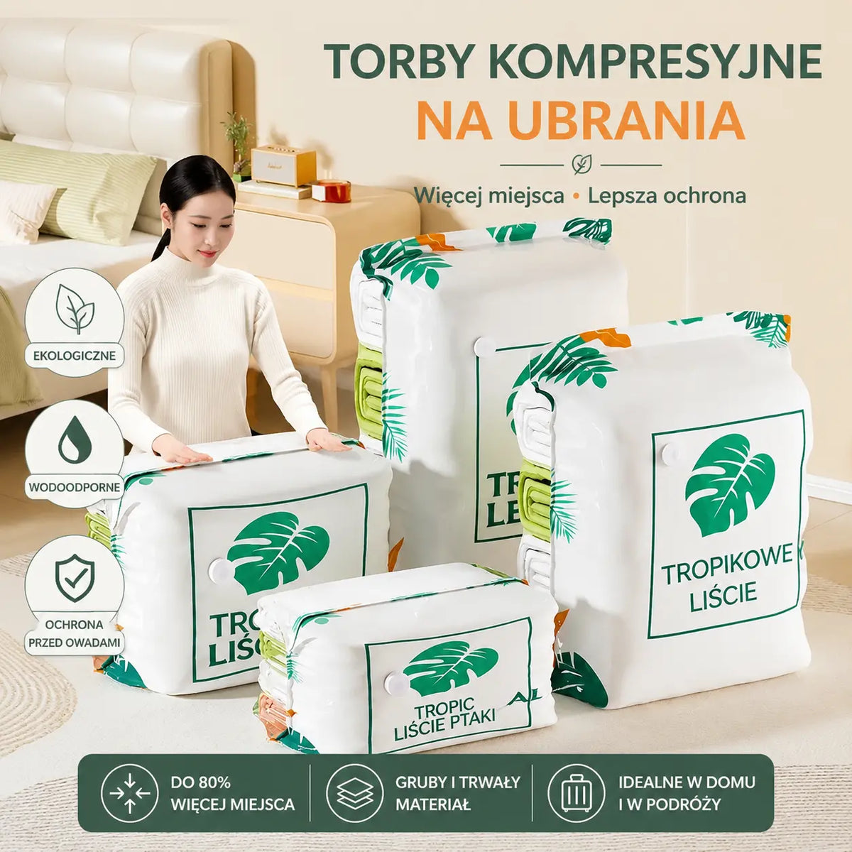 🧳【Zestaw 5 elementów】💨 Duży, kompresowalny worek próżniowy: nie wymaga pompki, szczelny i idealny do oszczędzania miejsca w walizkach i w domu ✈️