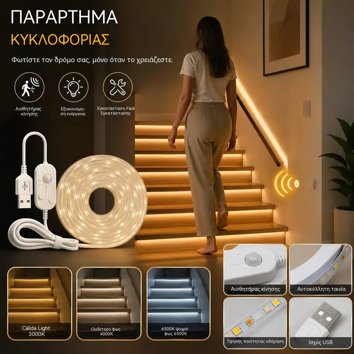 1 σετ 28 ευρώ【2M】Λωρίδα φωτισμού LED με έξυπνο αισθητήρα και αυτόματο σύστημα φωτισμού, με αυτοκόλλητο USB, ιδανική για κουζίνες, υπνοδωμάτια και σκάλες.