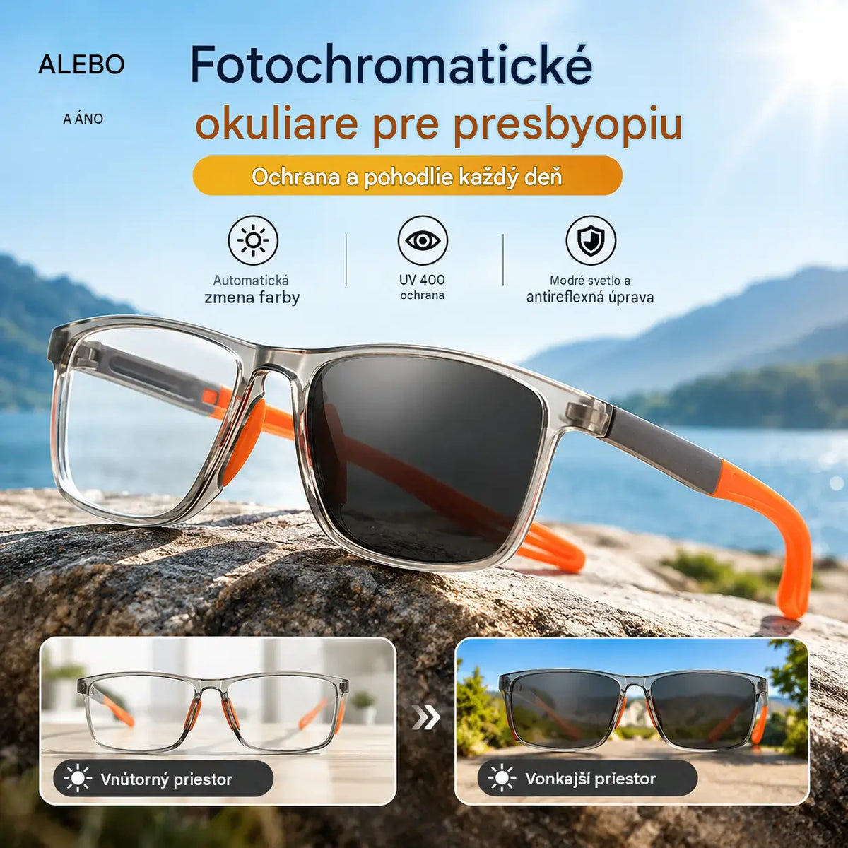 Fotochromatické, ultraľahké okuliare na čítanie s vysokým rozlíšením, špeciálne navrhnuté pre starších ľudí.