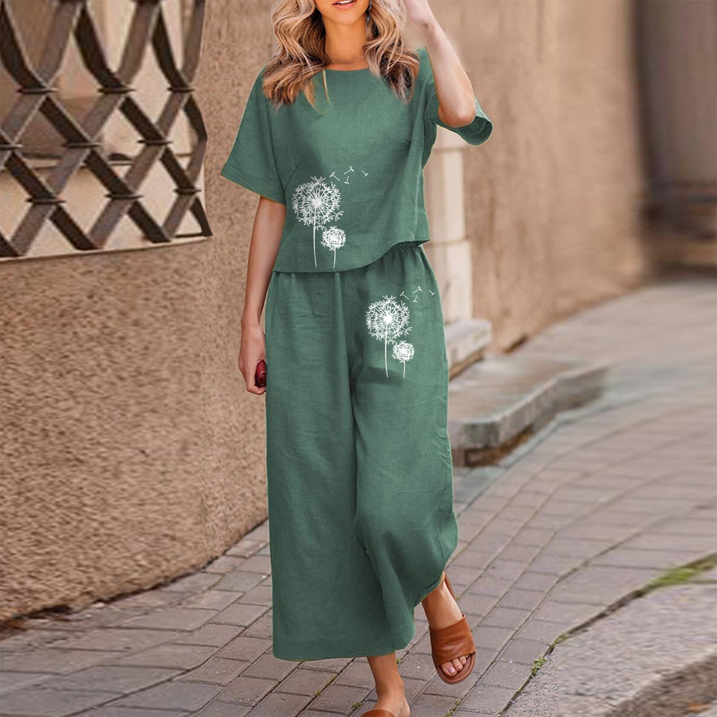 【Μπλούζα + Παντελόνι】1 σετ 31 ευρώ👖👚 μόδα casual casual εμπριμέ κοντομάνικο πουκάμισο + παντελόνι σετ δύο τεμαχίων