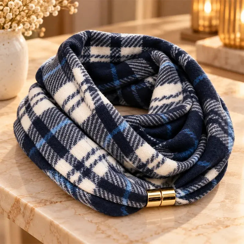 🧣 Κασκόλ-λαιμός με καρό μοτίβο και μαγνητικό κούμπωμα · Απαλό υλικό, με αίσθηση κασμίρι · Κομψό αξεσουάρ για το φθινόπωρο και τον χειμώνα · Άνετο και εύκολο στη χρήση!