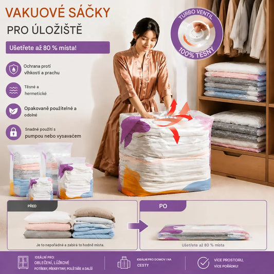 【Sada 5 kusů】 Velký, stlačitelný vakuový úložný sáček: není potřeba pumpička, nepropustný a ideální pro úsporu místa v kufrech i doma
