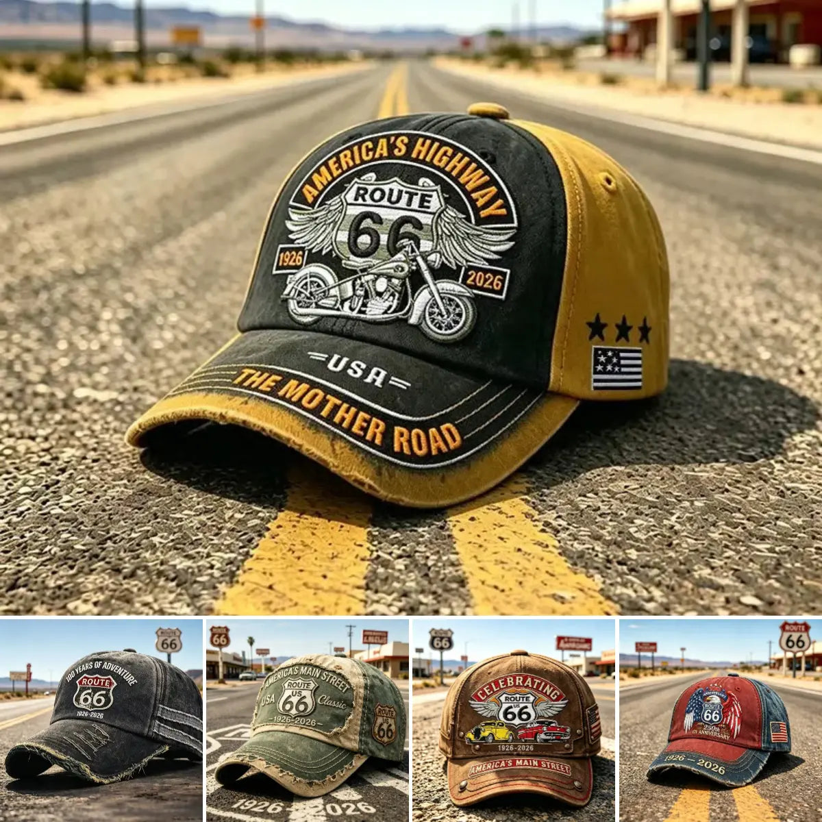 Regulowana czapka baseballowa w stylu retro Route 66, idealny wybór dla miłośników kolarstwa.