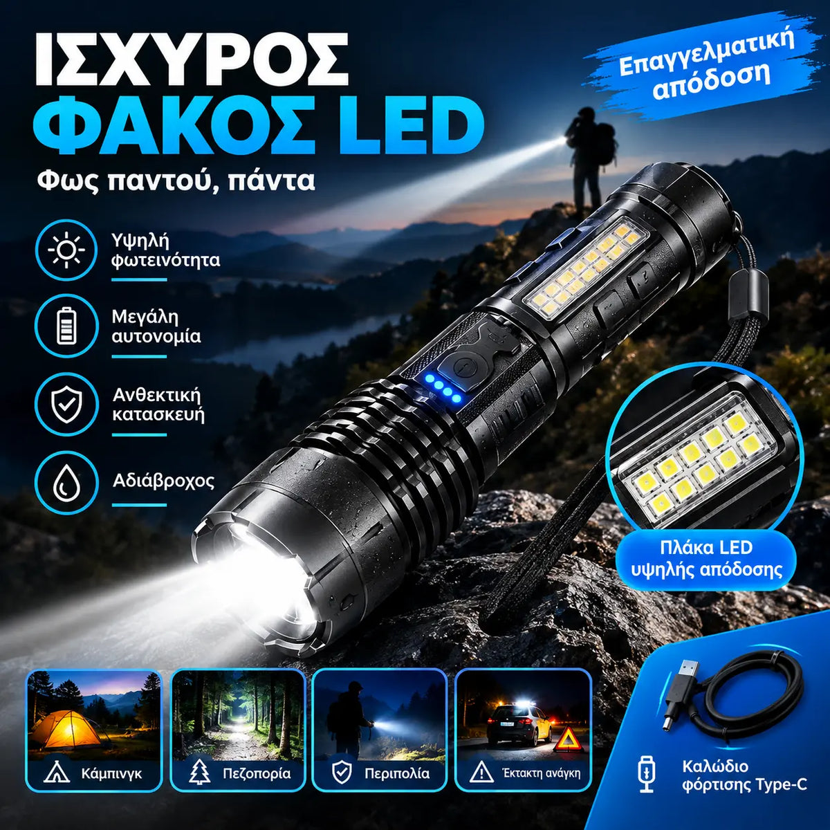 🔦 Ισχυρός επαναφορτιζόμενος φακός με δείκτη λέιζερ και πολλαπλές λειτουργίες φωτισμού
