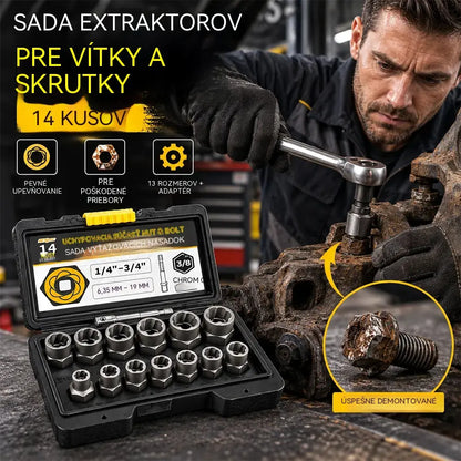 Profesionálne riešenie na zaseknuté skrutky! Súprava vyťahovákov na poškodené matice a skrutky (14 kusov)! Mimoriadne odolná oceľ CrMo · Protišmykový profil · Vrátane praktického kufríka!