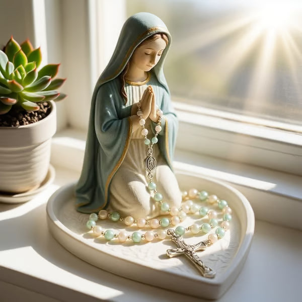 ✝️ Świetna oferta: 50% zniżki – ceramiczna taca z wizerunkiem Matki Boskiej „Graceful Faith” do przechowywania różańców lub pamiątek.