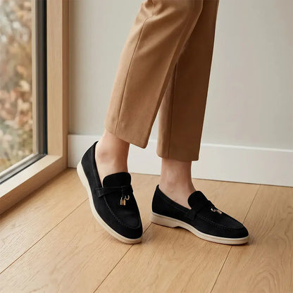 【35-43】Nowe mokasyny damskie wsuwane – zamszowe, z frędzlami, płaskie, retro, w stylu old money, wygodne