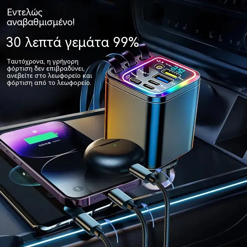🔋📱7 σε 1 Ανασυρόμενος Γρήγορος Φορτιστής Αυτοκινήτου με Ένδειξη Τάσης – USB-C για Android και Lightning για Apple