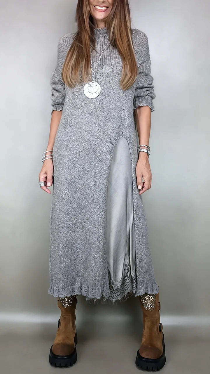💖【Jesensko-zimski bestseler】🔥【XS-3XL】👗 Damski jesensko-zimski pleteni dugi haljinski komplet s bočnim prorezom, elegantna, topla i udobna haljina