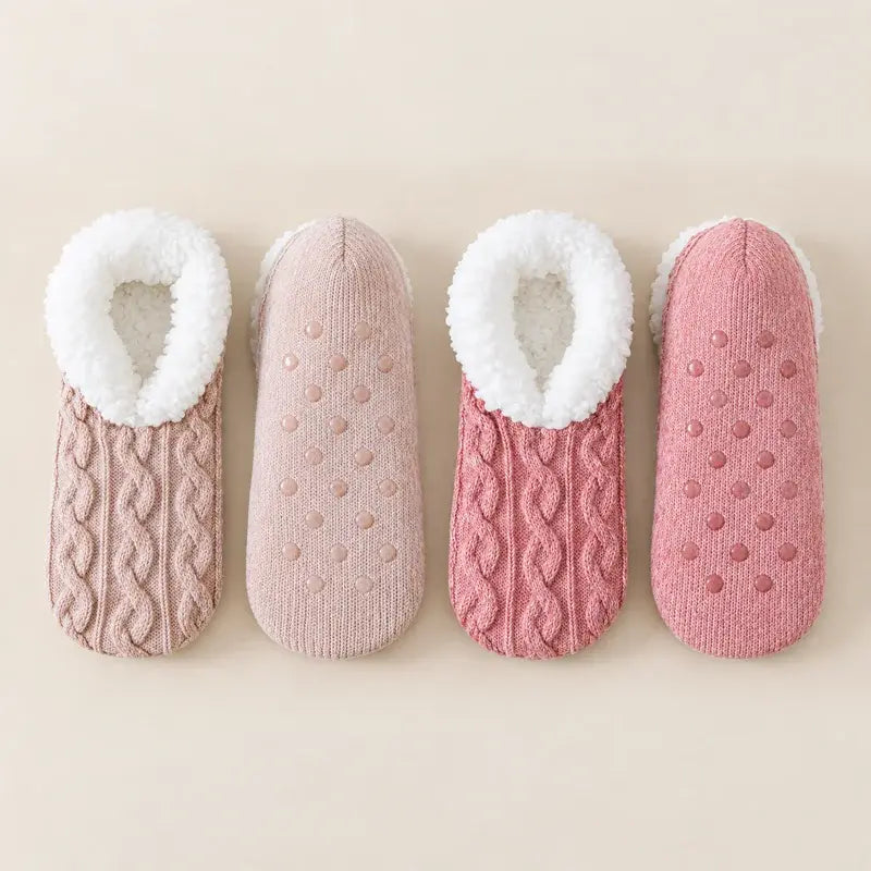 🧦 Ειδικό σετ 2 ζευγαριών: Χνουδωτές κάλτσες σπιτιού με αντιολισθητική σόλα σιλικόνης · Ζεστή γούνινη επένδυση · Ελαστική πλέξη με στριφτό σχέδιο · Άνεση και ζεστασιά για τον χειμώνα!
