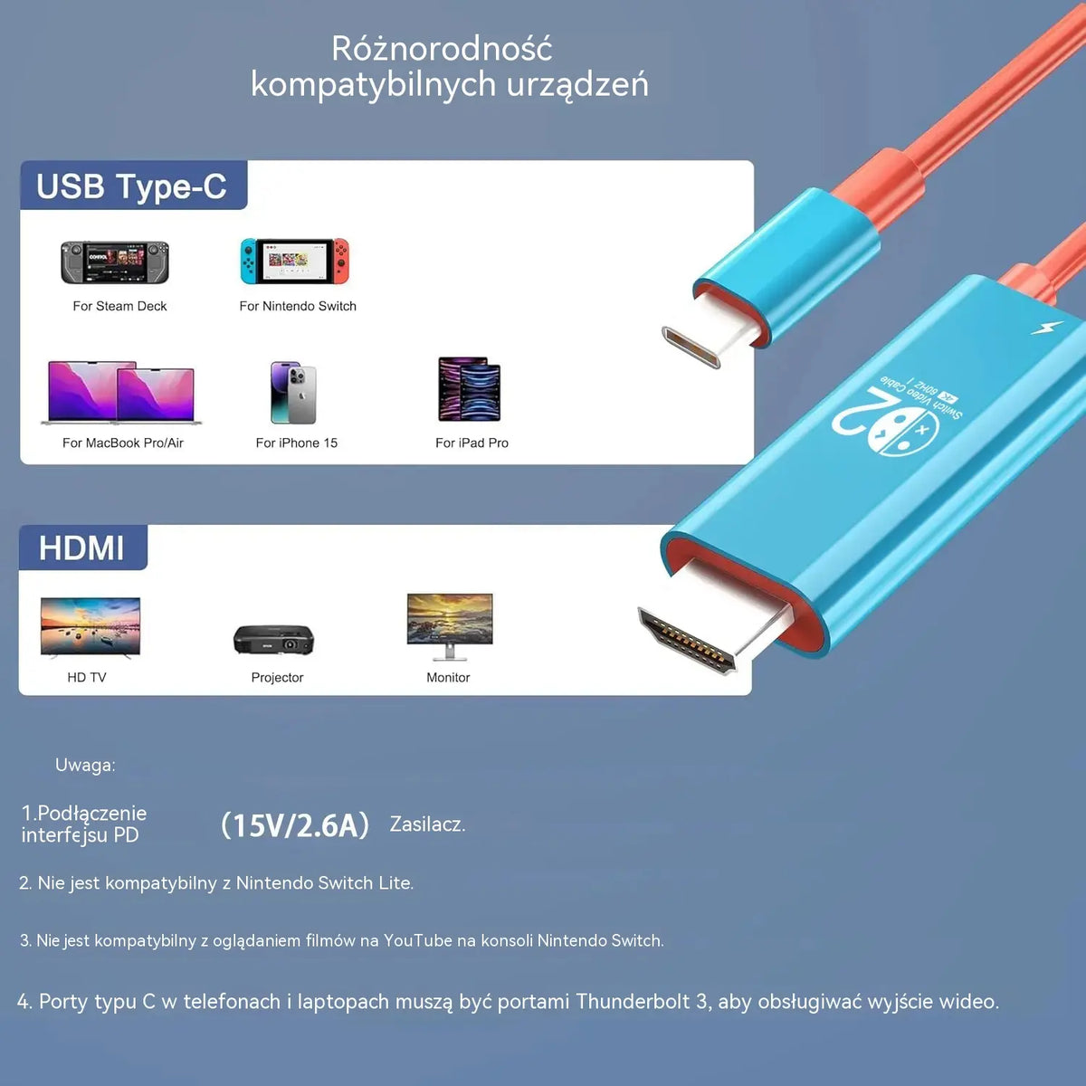 🔥 OFERTA OGRANICZONA CZASOWO: 50% taniej! 🔥 Kabel-adapter USB-C na HDMI do konsoli Switch