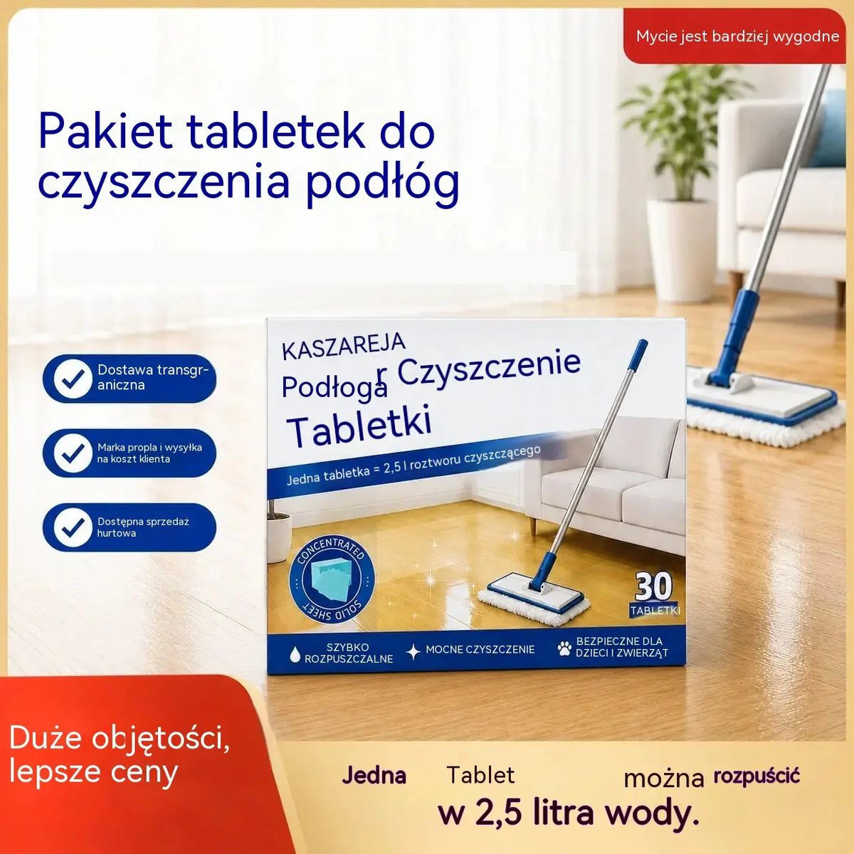 💦🏡【3 opakowania, łącznie 90 sztuk】Rozpuszczalne w wodzie ściereczki do mycia podłóg