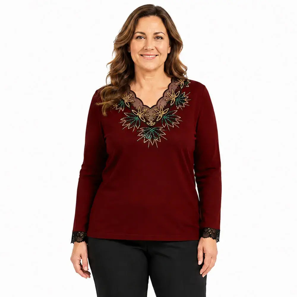 【M-5XL】👚Damska koronkowa bluzka z siateczki i dekoltem w serek – czarna bluzka z haftem – elegancka koszulka warstwowa na jesień i zimę
