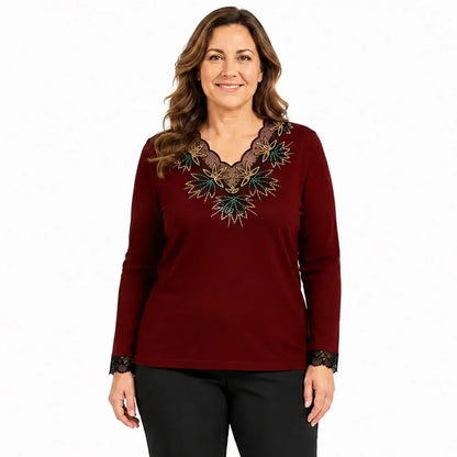 【M-5XL】👚Damska koronkowa bluzka z siateczki i dekoltem w serek – czarna bluzka z haftem – elegancka koszulka warstwowa na jesień i zimę