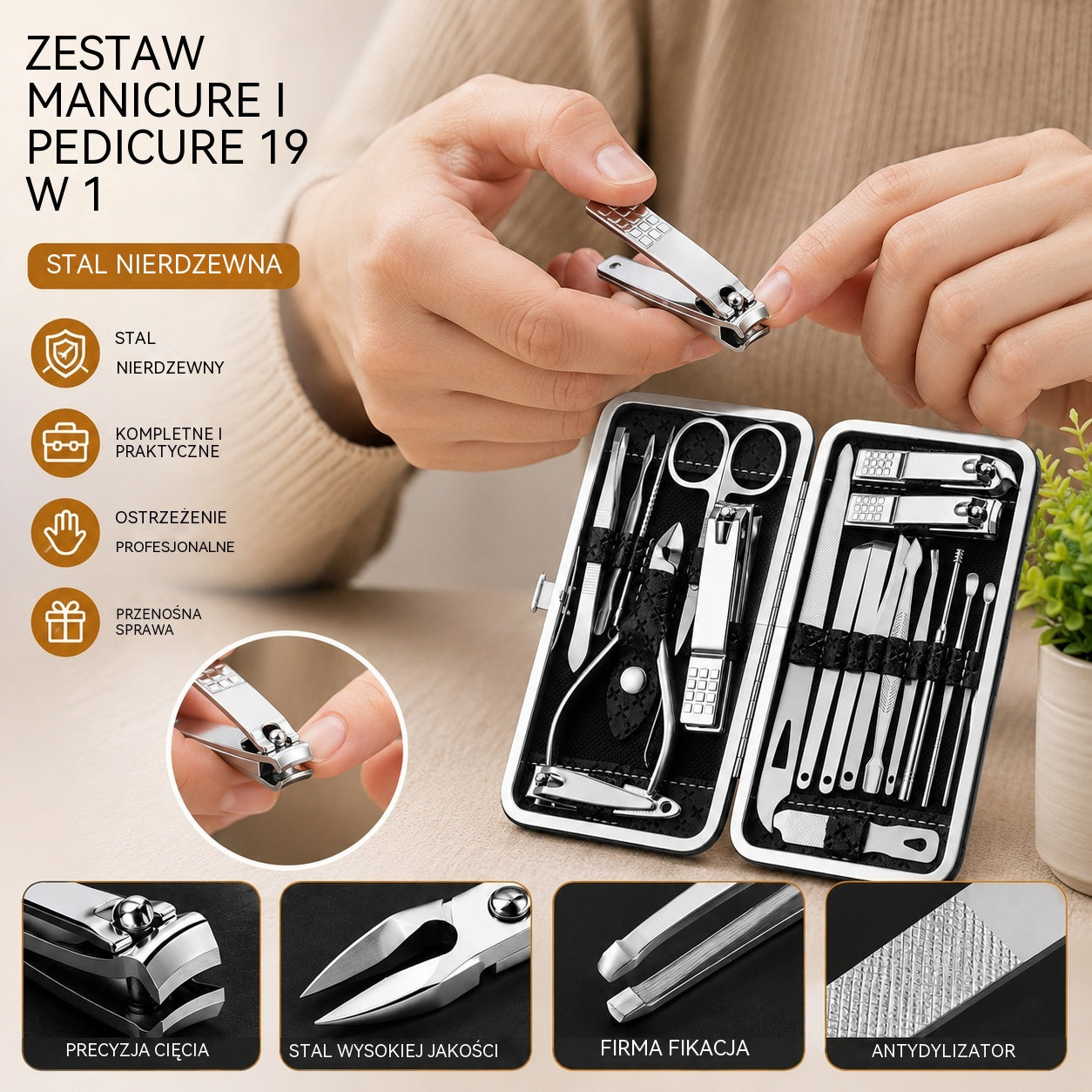 [Zestaw 19 elementów] Najlepiej sprzedający się zestaw obcinaczy do paznokci: profesjonalne narzędzia do manicure i pedicure z konstrukcją zapobiegającą rozchlapywaniu.