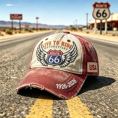 Regulowana czapka baseballowa w stylu retro Route 66, idealny wybór dla miłośników kolarstwa.
