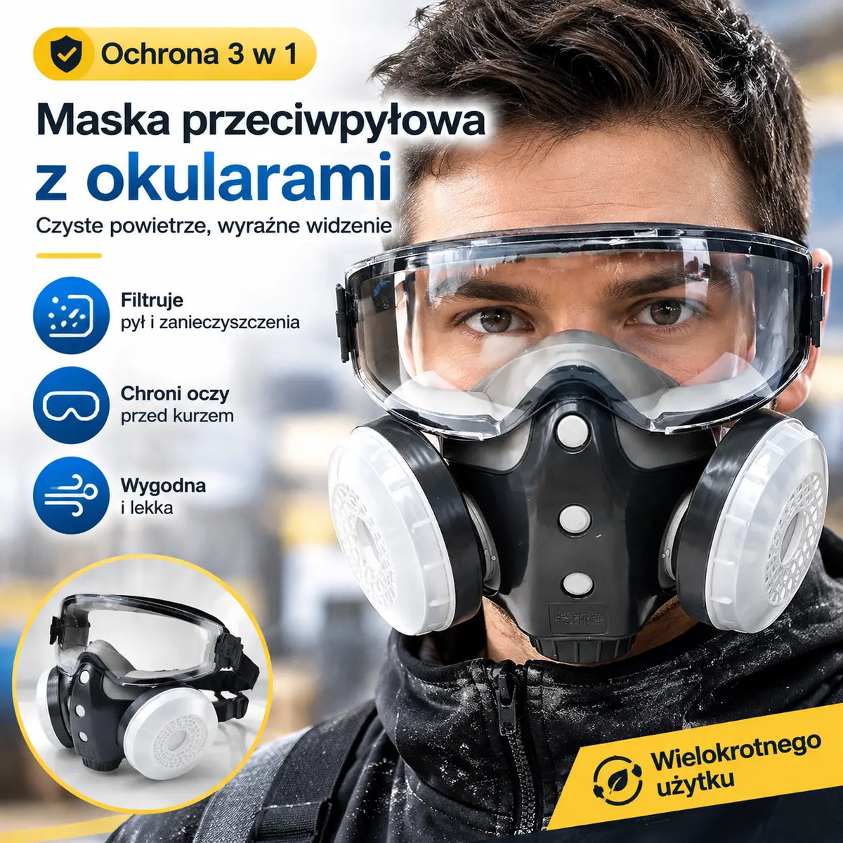 【Maska pełnotwarzowa przeciwpyłowa + 10 wymiennych filtrów】Maska pełnotwarzowa do prac malarskich i natryskowych, wyposażona w wizjer zapewniający szerokie pole widzenia – idealna do prac stolarskich