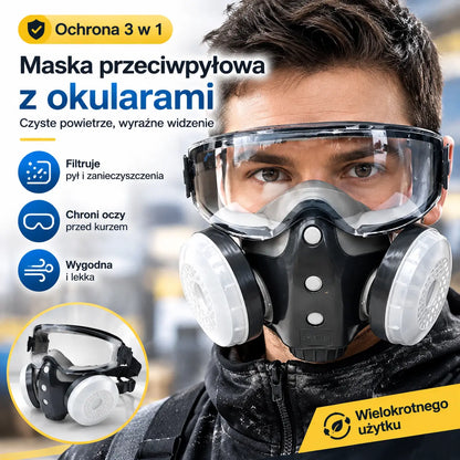 【Maska pełnotwarzowa przeciwpyłowa + 10 wymiennych filtrów】Maska pełnotwarzowa do prac malarskich i natryskowych, wyposażona w wizjer zapewniający szerokie pole widzenia – idealna do prac stolarskich