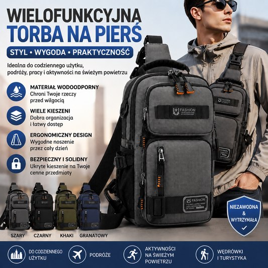 Męska torba piersiowa, torba na ramię o dużej pojemności z wieloma kieszeniami.
