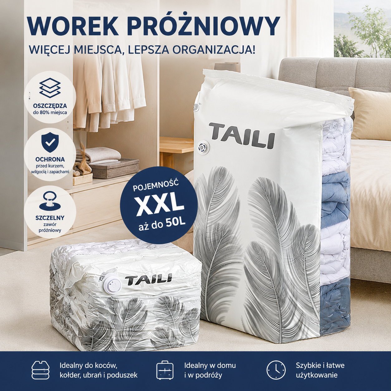🧳【56*80cm】【Zestaw 5 elementów】💨 Duży, kompresowalny worek próżniowy: nie wymaga pompki, szczelny i idealny do oszczędzania miejsca w walizkach i w domu ✈️