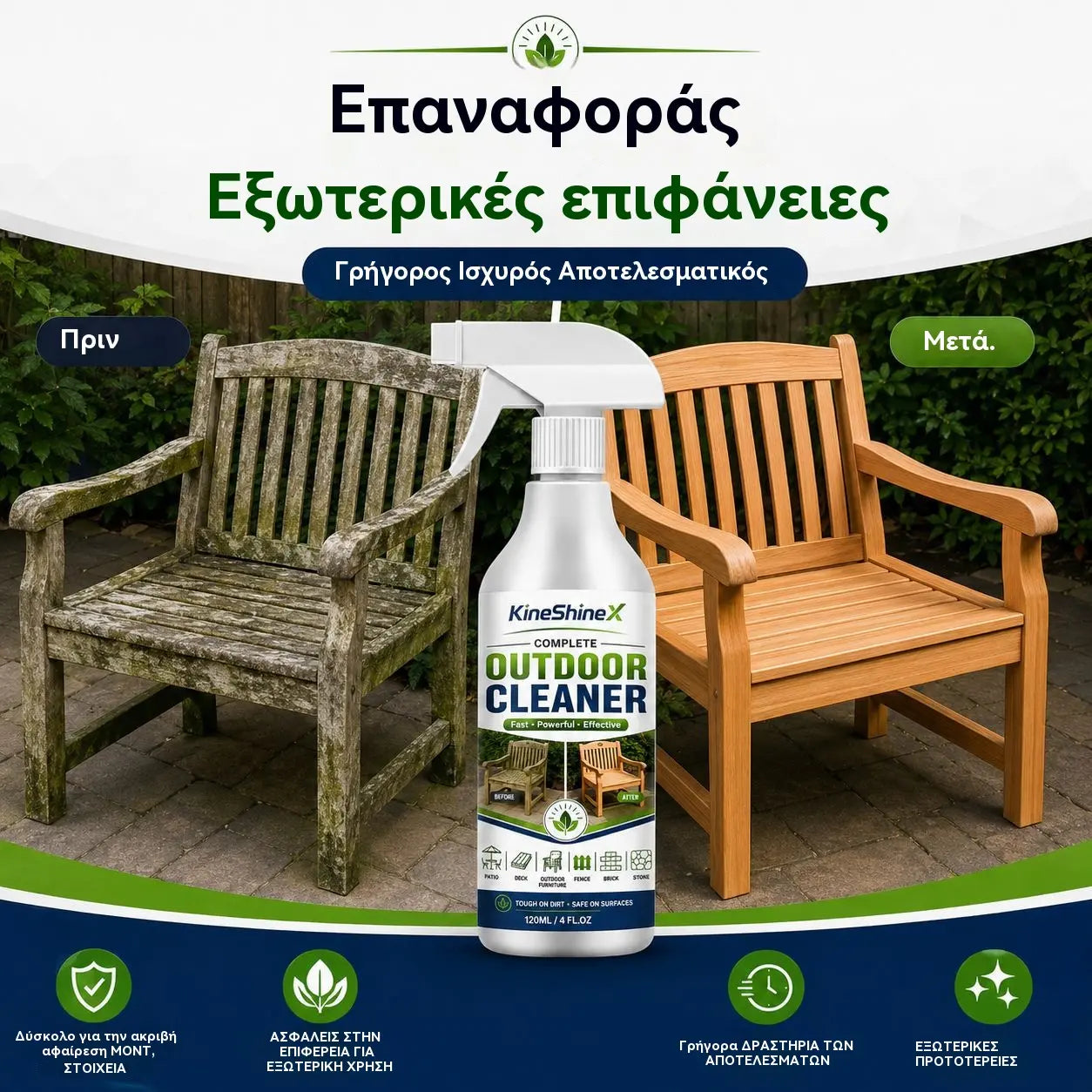 🌿 Σπρέι καθαρισμού εξωτερικών επιφανειών, ταχείας δράσης αφαίρεσης λεκέδων για βεράντες, ξύλινα έπιπλα και εξωτερικές επιφάνειες