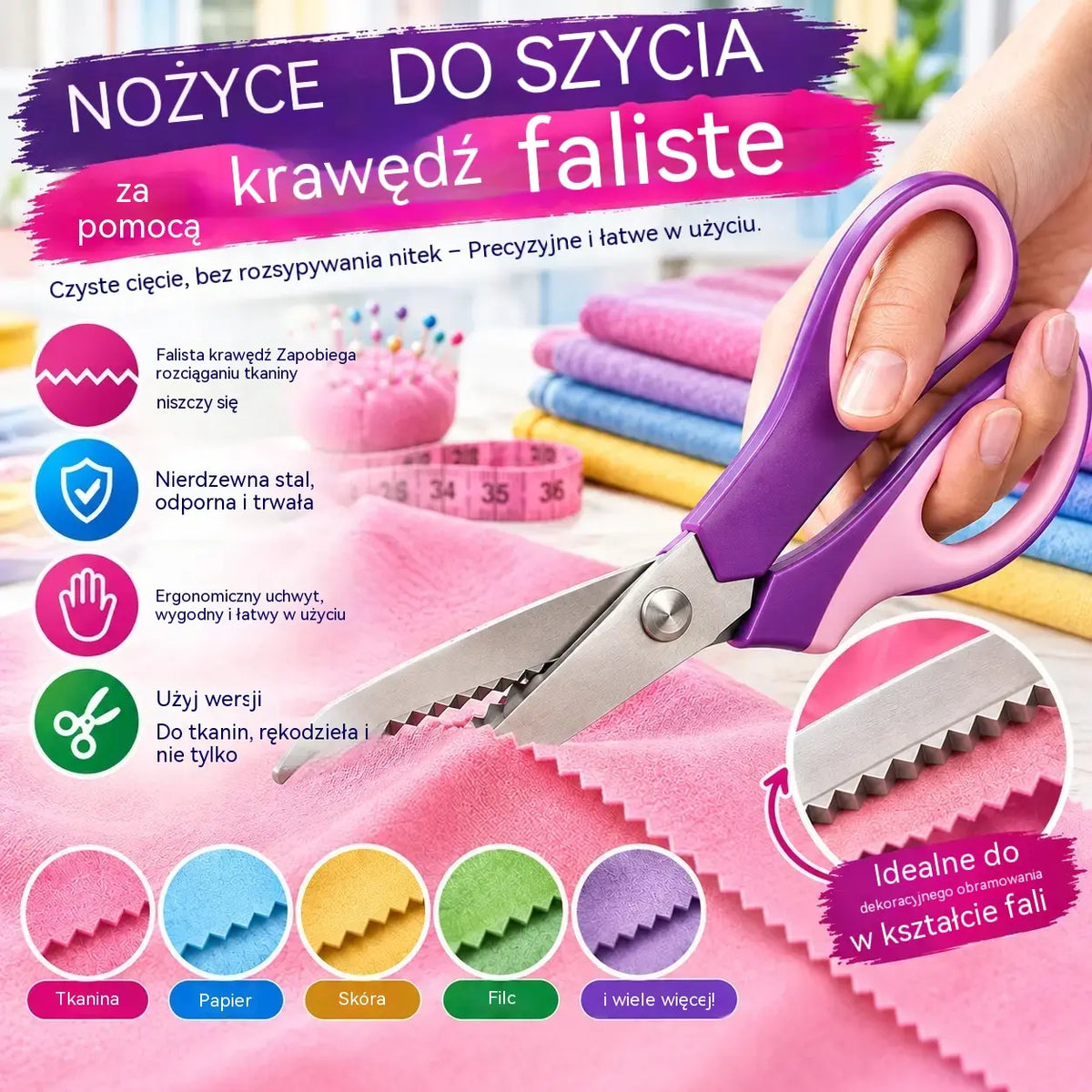 ✂️ Uniwersalne nożyce krawieckie tnące w ząbki – do tkanin, papieru i rękodzieła 🧵