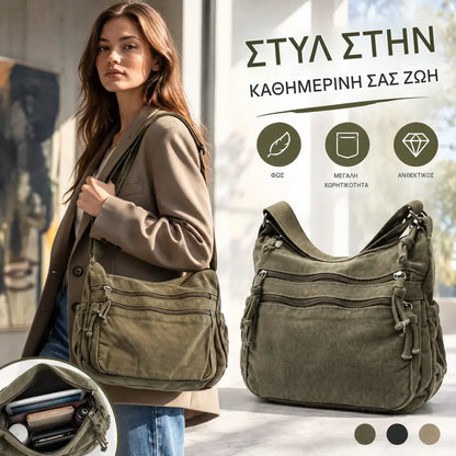 👜✨Τσάντα χιαστί μεγάλης χωρητικότητας από καμβά με όψη παλαίωσης: διαθέτει σχεδιασμό με πολλαπλές θήκες που κλείνουν με φερμουάρ και φαρδύ, ρυθμιζόμενο λουράκι ώμου.