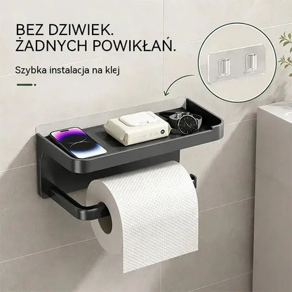 Uchwyt ścienny na papier toaletowy z akcesoriami, solidna podstawa, nowoczesna półka łazienkowa, łatwy w montażu, można w nim trzymać telefony komórkowe i inne przedmioty.