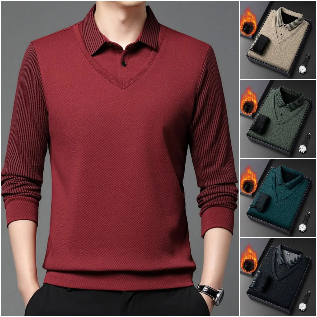 【M-4XL】 👔 Męska koszulka polo z długim rękawem typu „2 w 1” · Ocieplana, z podszewką · Elegancki fason z klasycznym kołnierzykiem i rękawami w paski · Styl casualowy i biznesowy!