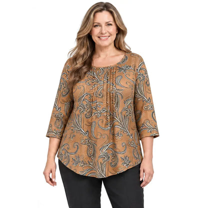 【1XL-5XL/6 kolorów】 Koszulka damska z długim rękawem, zapinana na guziki, na jesień/zimę, z nadrukiem paisley w europejskim i amerykańskim stylu, w dużych rozmiarach, z luźnym nadrukiem