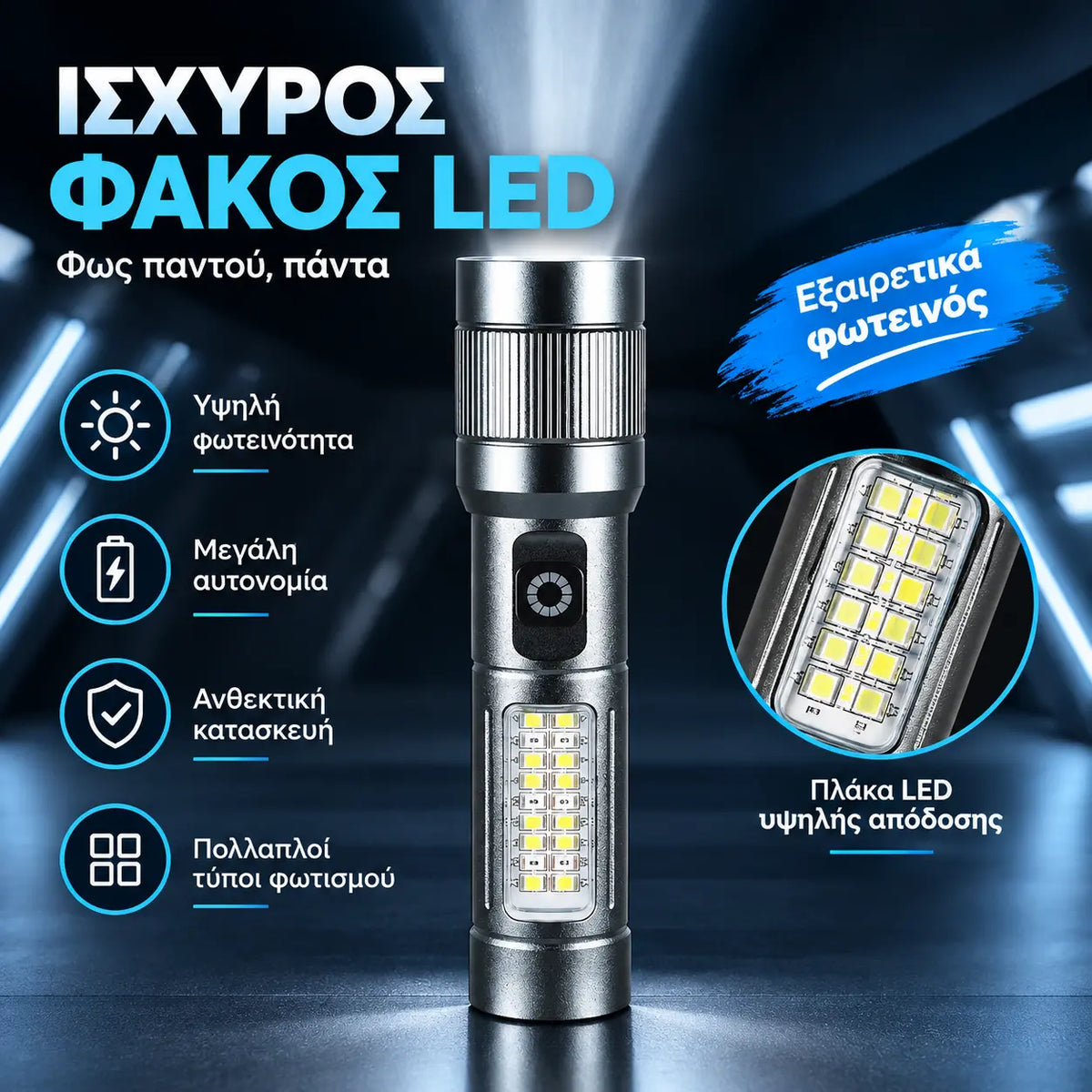 🔦 Πολυλειτουργικός φακός LED με zoom