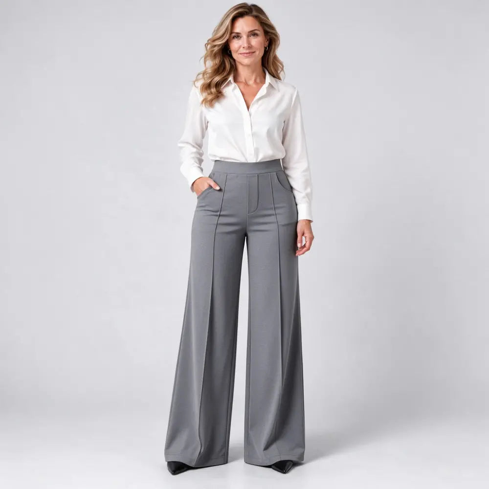 【L-5XL】Γυναικείο παντελόνι ψηλόμεσο με φαρδιά γραμμή – για το φθινόπωρο και τον χειμώνα, σε άνετη γραμμή, με εφέ αδυνατίσματος, μονόχρωμο, ευέλικτο
