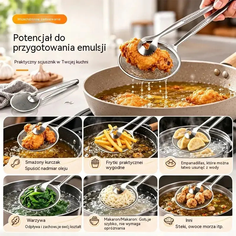 Szczypce do żywności i sitko do oleju 2 w 1 ze stali nierdzewnej