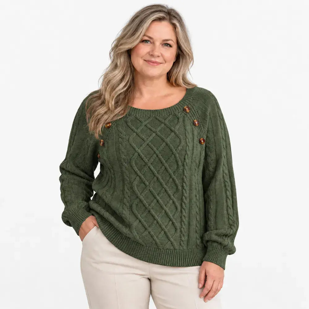 【S-2XL】Damowy sweter casualowy na jesień i zimę – kwadratowy dekolt, guziki, wzór warkocza